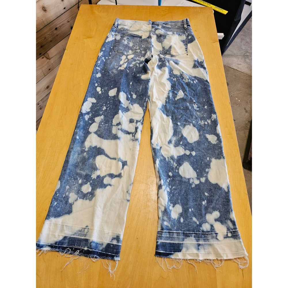 St. Johns Bay Wide Leg Bleach Splash Distressed Jeans Size 10 Raw Hem Blue White
